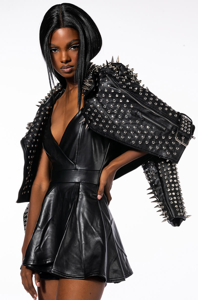 PRETTY WILD FIT AND FLARE FAUX LEATHER MINI DRESS