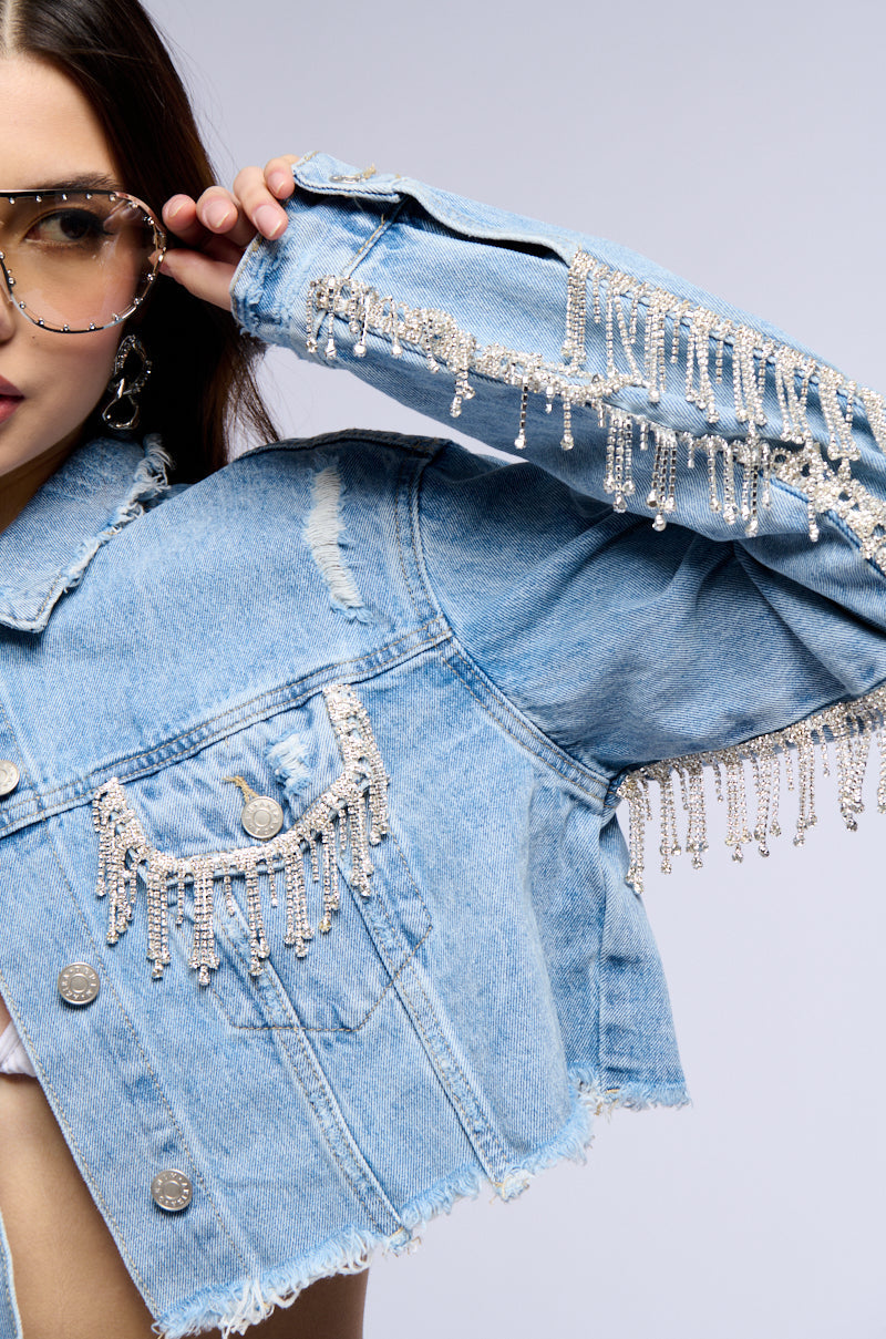 PURE HAPPINESS RHINESTONE CROPPED DENIM JACKET IN BLUE