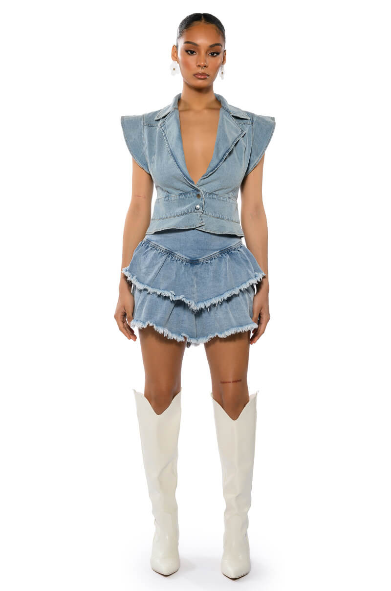 QUE BAILES CON MIGO DENIM LAYERED MINI SKIRT