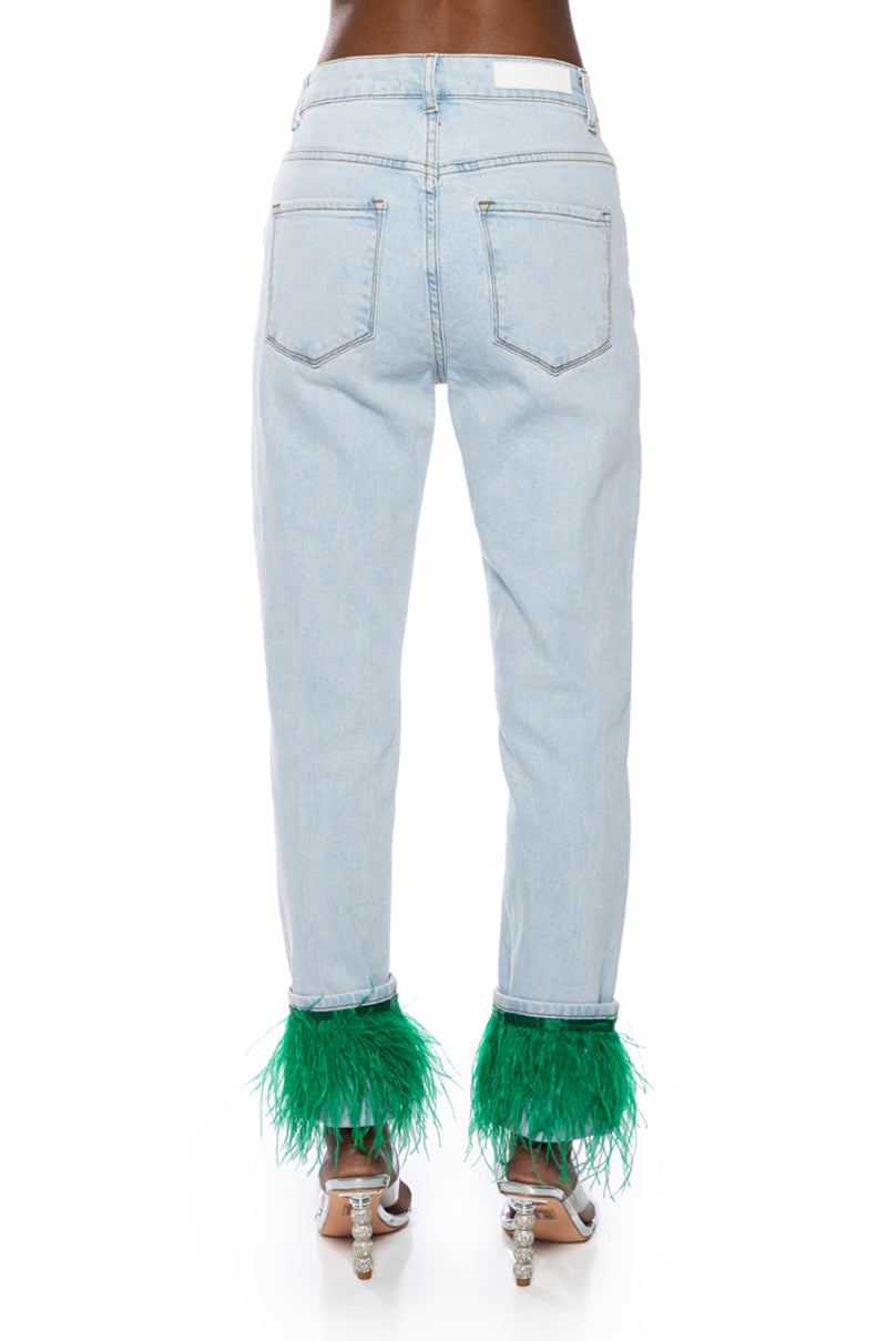 QUEEN OF EVERYTHING FEATHER DETAIL JEANS