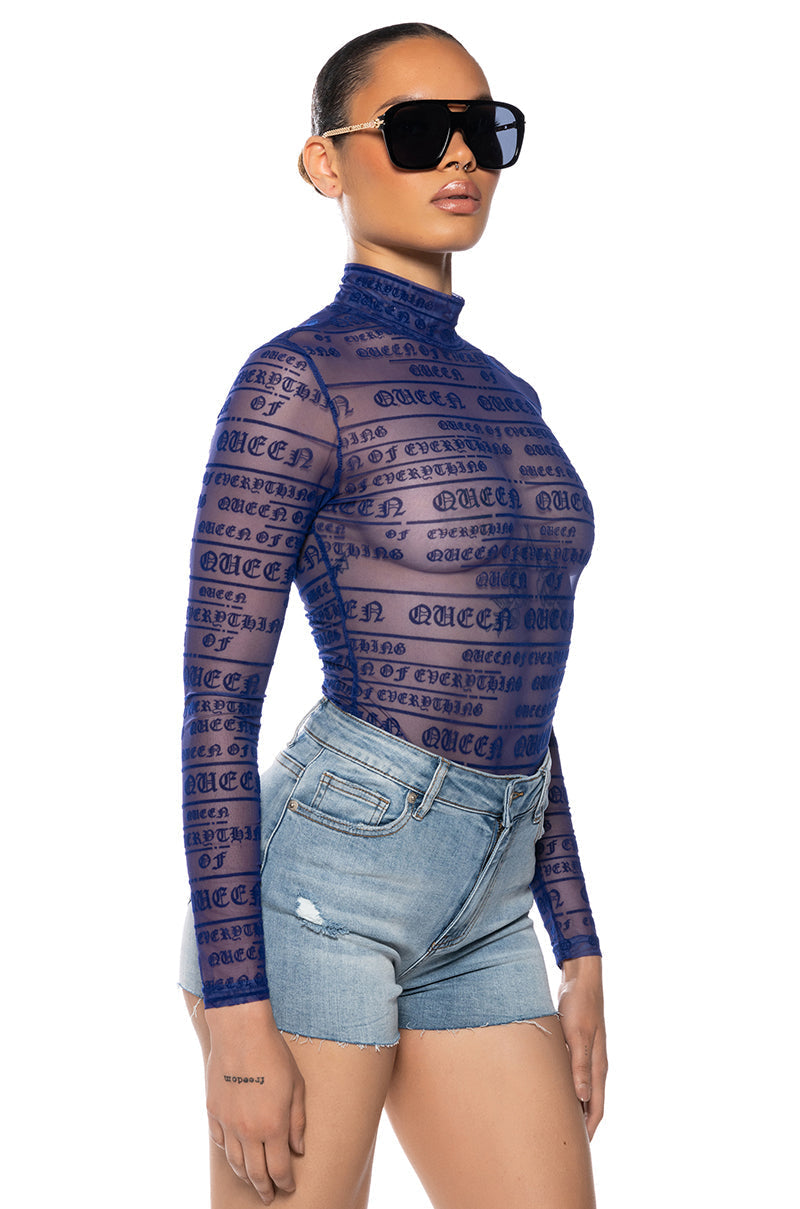 QUEEN OF EVERYTHING FLOCKED LONG SLEEVE MESH BODYSUIT