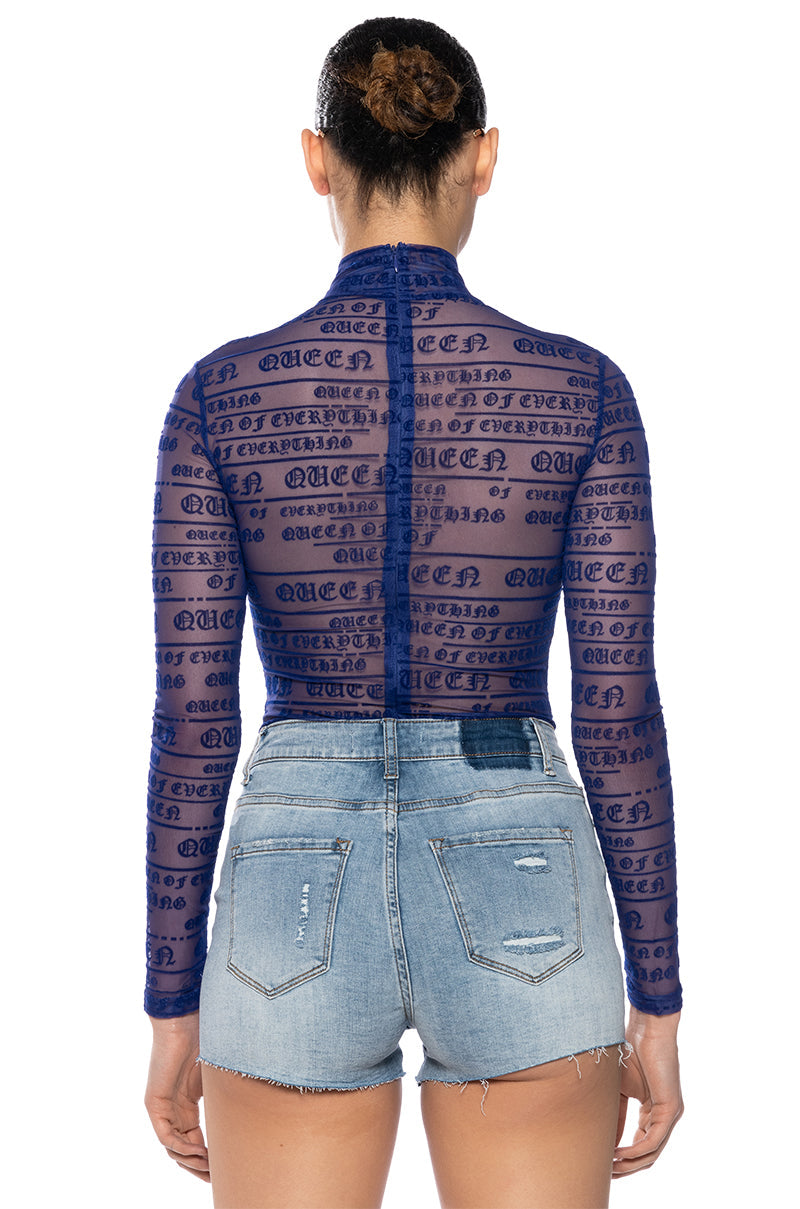 QUEEN OF EVERYTHING FLOCKED LONG SLEEVE MESH BODYSUIT