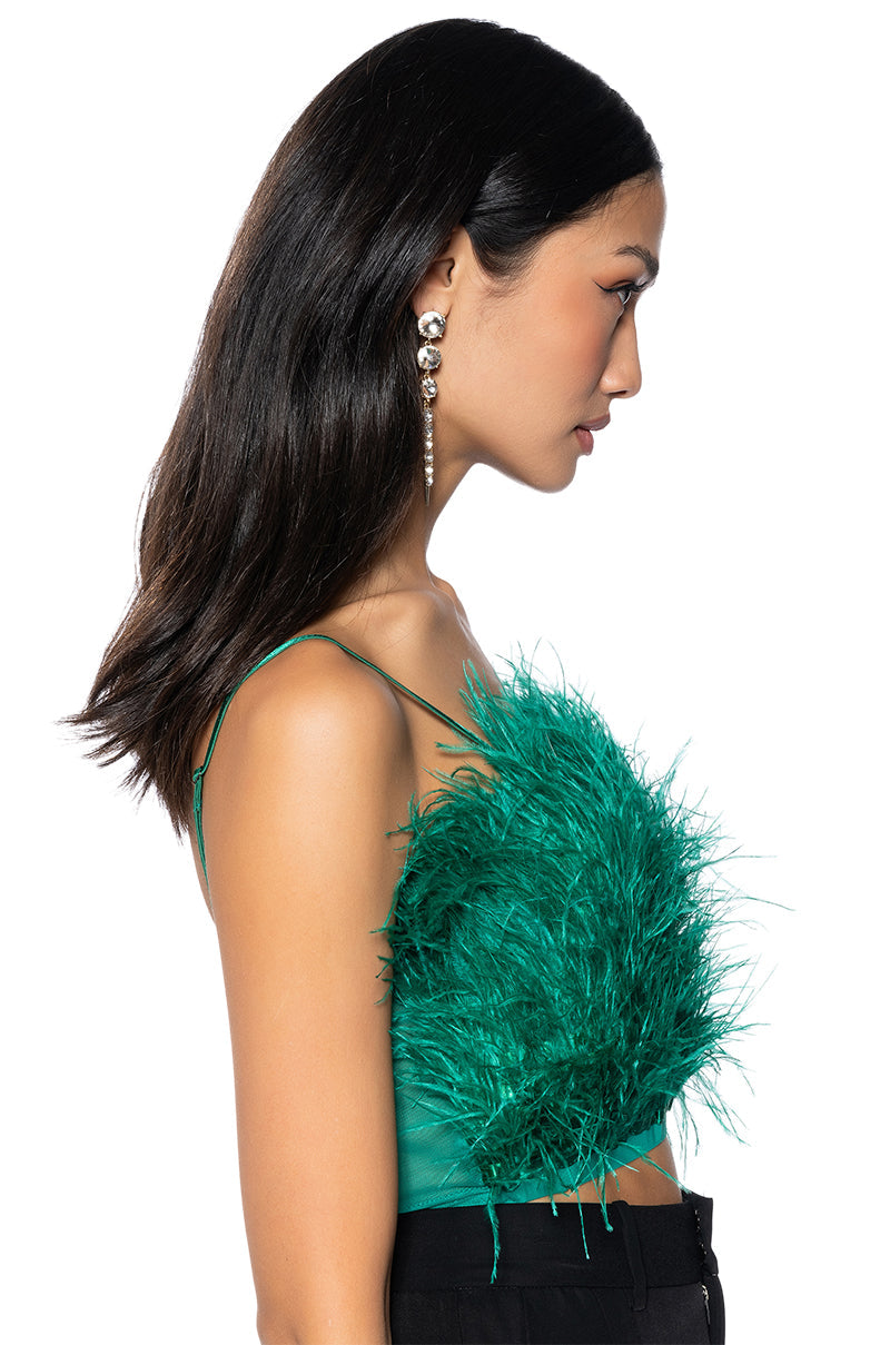 REAL OSTRICH FEATHER CROP TOP IN EMERALD