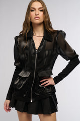 RIBBED SLEEVE MESH ZIP UP BLAZER