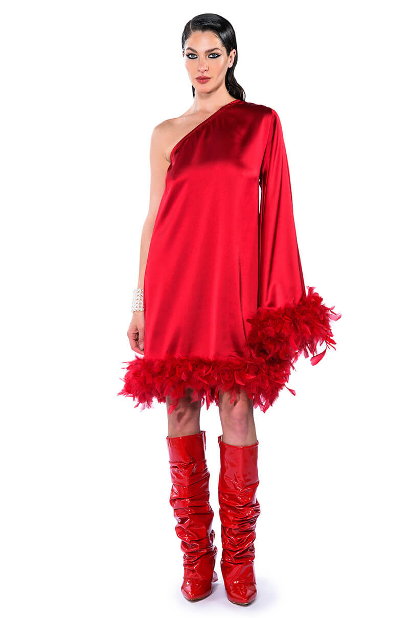 JOSIE ONE SLEEVE FEATHER MINI DRESS