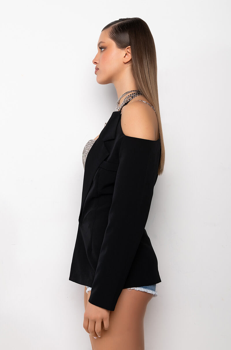 OFF SHOULDER BLAZER WITH CHAIN STRAP